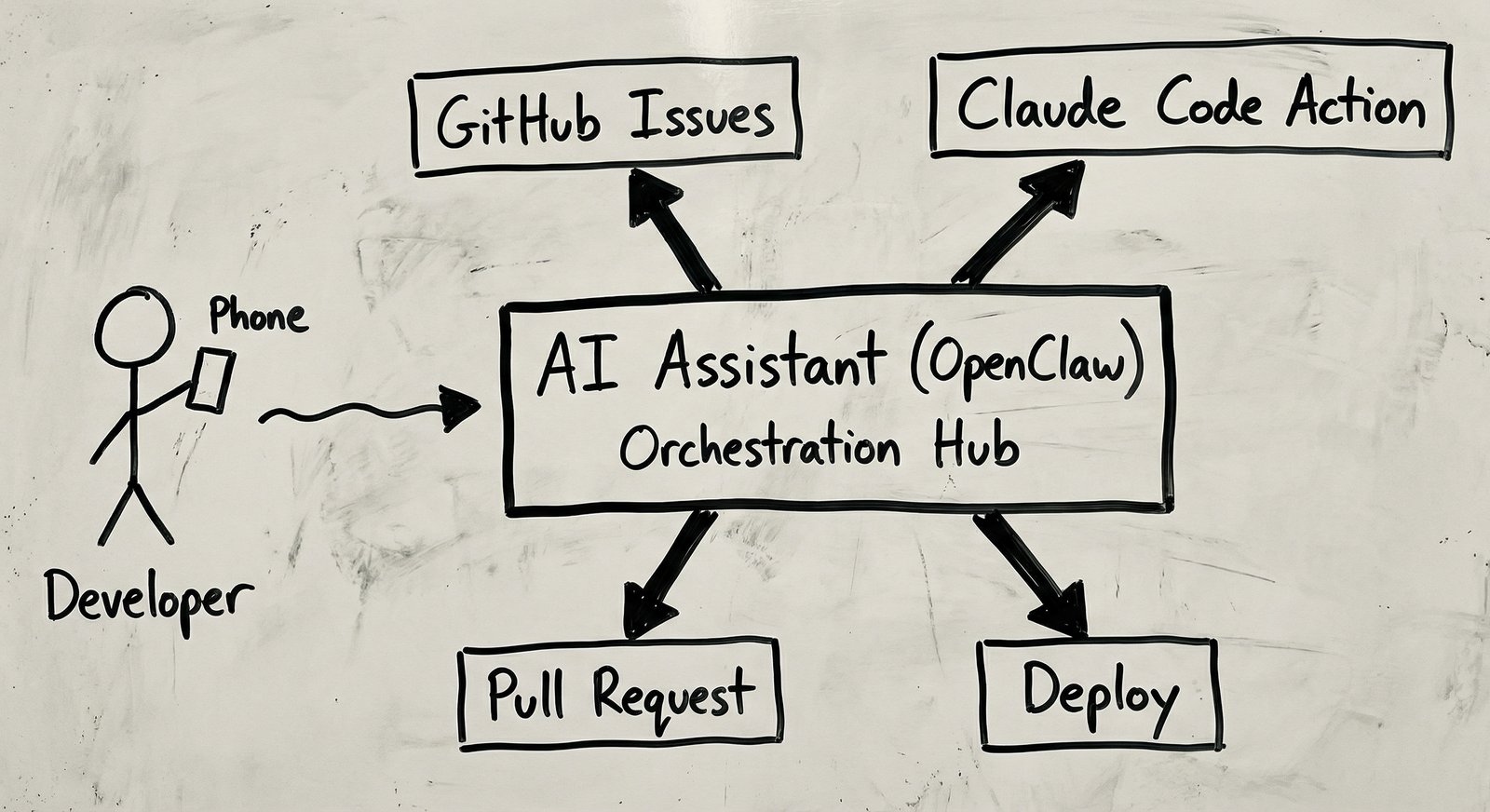 Claude GitHub Action workflow: Developer → Issue → GitHub Action → Claude AI → Pull Request → Review